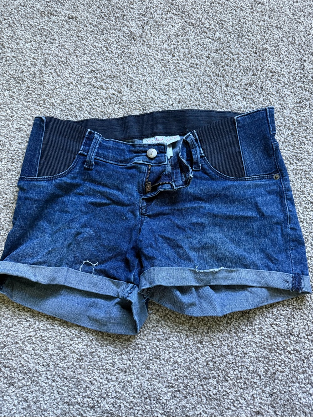 Ingrid & Isabel Dark Blue Denim Maternity Shorts with Black Stretch Waistband
